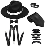 Men's Roaring 1920s Gangster Costume - Deluxe Manhattan Fedora Hat,Suspenders Y-Back Elastic Trouser Braces & Pre Tied Bow Tie,Gangster Tie & Fake Mustache (OneSize, BlackHat & BlackSuspenders)