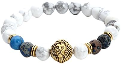 KOKY 8mm Howlite Stones Beaded Stretch Bracelet with Gold Lion Head 7 Inch
