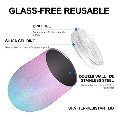 12 oz Wine Tumbler with Leakproof Lid, Stainless Steel Vacuum Insulated Wine Glasses Stemless, Spill Proof Travel Cup for Coffee, Cocktails, Gift for Women, Mother, Wife, Girls, Pink-blue Gradient