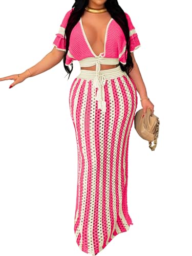 Angsuttc Skirt Sets Women 2 Piece Outfits Crochet Crop Tops and Striped Maxi Skirt Vacation Outfit Rose Red XL at Amazon