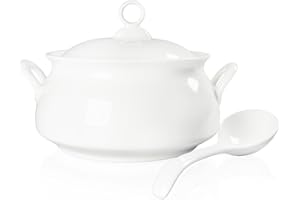 dingdaer Ceramic Serving Soup Tureen Bowls with Lid and soup spoon, 2.4 QT White French Serving Tureen, Lovely Soup Pot for C