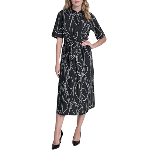 DKNY Women's Short Sleeve Cotton Poplin Collared Shirtdress, Black Multi, 16