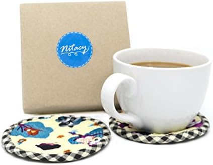 Round Fabric Coasters for Drinks Absorbent Set of 4 Handmade Cartoon Design, 4 x 4 Inch