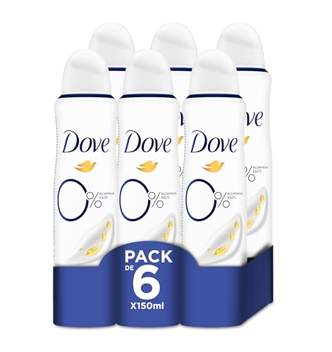 Desodorante en aerosol Dove 0% Original 72h, sin aluminio ni alcohol, para mujer con protección antibacteriana de zinc, 150 ml, paquete de 6 unidades (El embalaje puede variar)