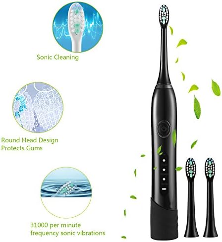 Guisee Electric Toothbrush Sonic Deep Cleaning Rechargeable, 2 Minute Timer, 3 Cleaning Modes, 3 Replacement Heads (Black)
