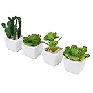 MyGift Set of 4 Miniature White Square Ceramic Planter Pots w/Artificial Succulent & Cacti Plants