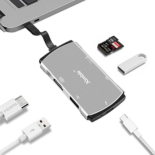 Type C Hub with USB-C Pass Through, SuperSpeed USB, 4K HDMI, SD/TF Card Reader, Aluminum Alloy Material (Grey)