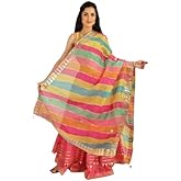 Exotic India Multi-Color Leheria Kota Doria Dupatta from Jodhpur with Gota Border - Cotton