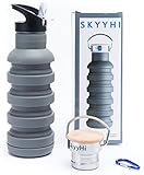 Collapsible Sports Travel Water Bottle - 18oz Leak Proof Eco-Friendly BPA Free Silicone Folding Reusable Portable Drinking Bottles w/ Lid Cap & Handle. Lightweight for Traveler Walking Camping Hiking
