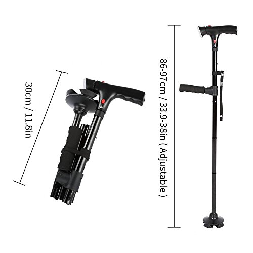 Folding Walking Cane with LED Light and Cushion Handle, Lightweight Adjustable Portable Aluminum Walking Stick Aid with Flashlight for Men Women Senior (Black)