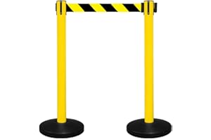 Berry Yellow Stanchion Post | Crowd Control Barrier with 2M Yellow & Black Retractable Belt | Weighted Queue Line Post with 4