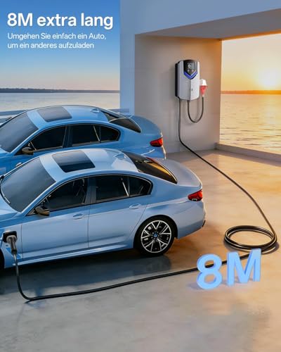 Wallbox 11kW with App & RFID - 3-Phase Type 2 EV Charger 400V, 6-16A, 8M Cable with Cable Holder - RCD Type B & IP54, Setting Start Time Efficient Charging Station for Home for BEV PHEV