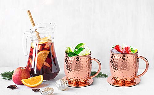 QCen Moscow Mule Becher, Kupferbecher Set mit 4 Untersetzer und 1 Messbecher, 530ml Handgefertigt Kupfertassen Großartig… – Bild 4
