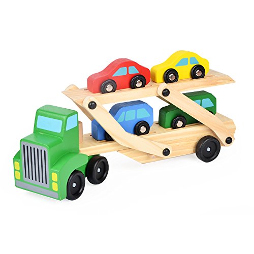 GEDIAO Wooden Car Toys for Toddlers, Car Carrier Truck Set Include 1 Truck and 4 Cars, 13.8" H x 6.7" W x 3.4" L