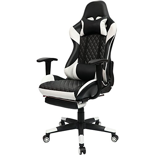 Kinsal Gaming Chair High-back Computer Chair with Footrest, Ergonomic Racing Chair, Leather Premium Lumbar Support Swivel Executive Office Chair Including Headrest and Massage Lumbar Pillow (white)