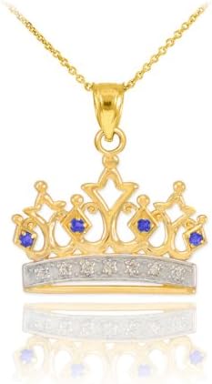 Royal 10k Yellow Gold Blue Sapphire and Diamond Tiara Charm Crown Pendant Necklace