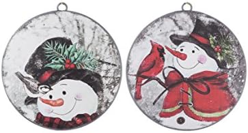Snow Falling Snowman and Birds 6 inch Round Disc Christmas Ornament Set of 2