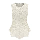 OFTEN Women's Sexy Peplum Lace Shirt Trendy Sleeveless Blouse(L, White)