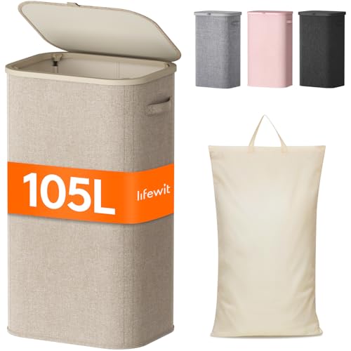Cesto Portabiancheria, Cesta Panni Sporchi con coperchio, Laundry Basket con Plastica Manici, Porta Biancheria Sporca per Bagno, Lavanderia, Camera da Letto, 105 L, Beige