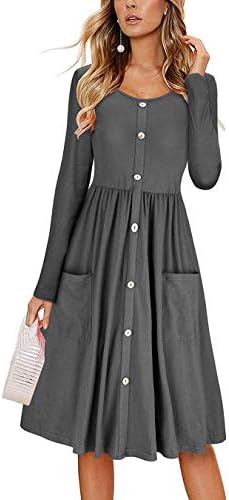 PYL Women's Front Button Long Sleeve Casual Dress Fit and Flare Swing Midi Dress with Pockets