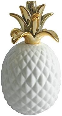 White Ceramic Pineapple Figurine with Gold Leaf Accents, 7.75"