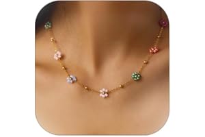 ALRNBY Colorful Flower Choker Necklace for Women Boho Trendy Gold Chain Necklace Stainless Steel Beaded Chain Necklace Cute D