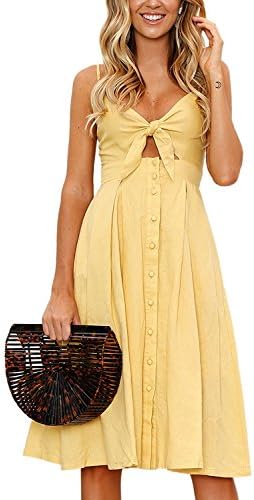 JOAUR Women’s V-Neck Spaghetti Strap Button Down Yellow A-Line Swing Midi Beach Dress without Pocket