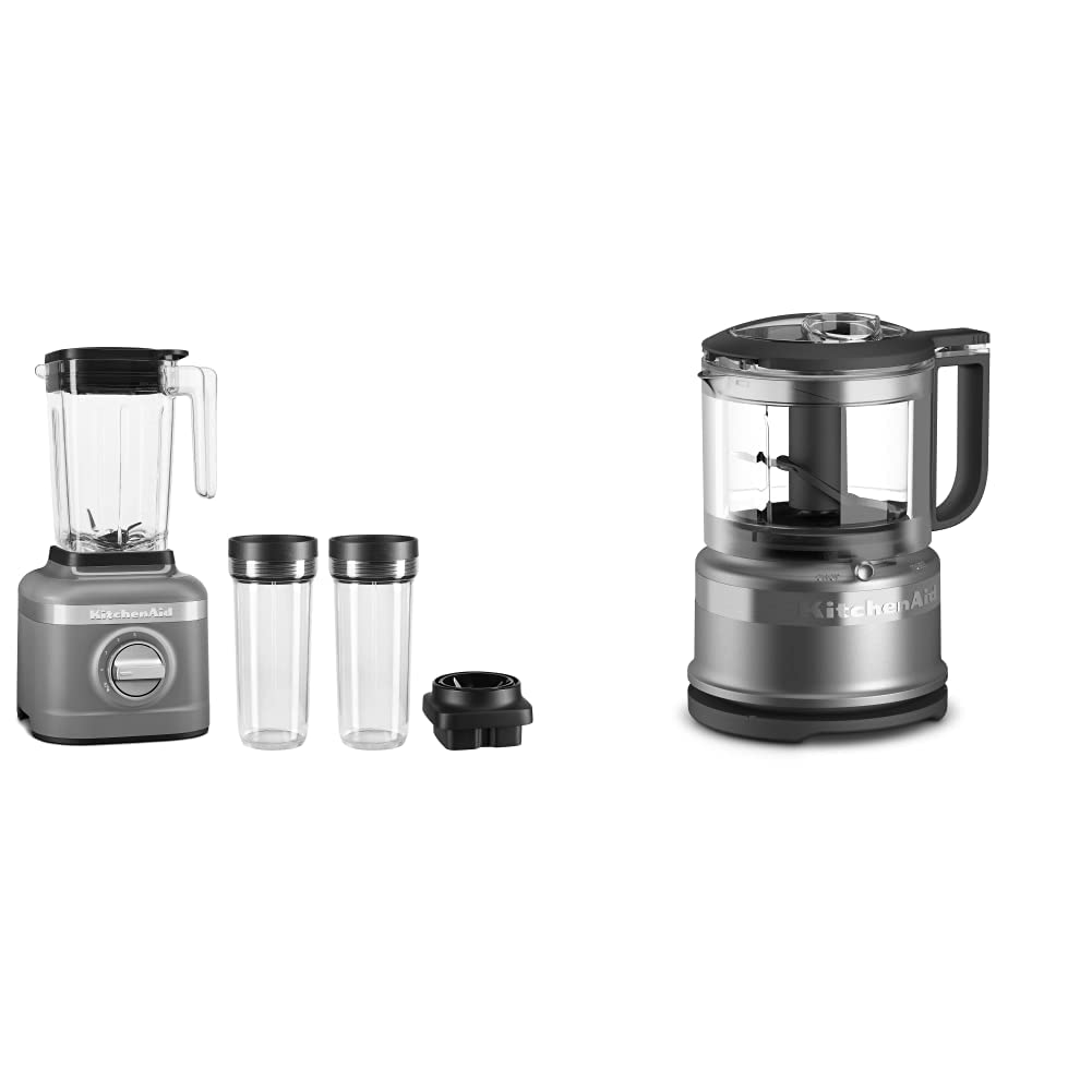 KitchenAid K150 Licuadora trituradora de hielo de 3 velocidades con 2 jarras de licuadora personales - KSB1332Y y KFC3516CU Picadora de alimentos de 3,5 tazas, Contour Silver