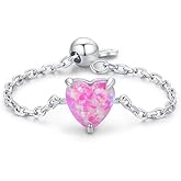 Kokoma Opal Heart Ring for Women 925 Sterling Silver Adjustable Finger Band Love Heart Engagement Promise Rings Dangle Ball Link Chain Bands Statement Ring Dainty Jewelry Gifts