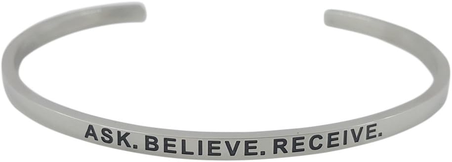 Glamour Girl Gifts Inspirational Ask Believe Receive Silver Tone Positive Message Cuff Bracelet for Good Karma and Luck