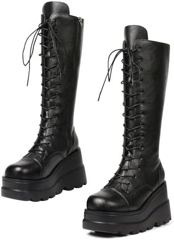 CELNEPHO Womens High Platform Mid Calf Chunky High Heel Round-Toe Zip Goth Motorcycle Knee High Boots Combat Boots For Women　並行輸入品 CELNEPHO Knee High Boots For Womens Side Zipper Warm Faux Fur Platform