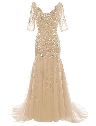 Dressystar V Neck Long Beaded Wedding Dress Mermaid Ball Gown with Sleeves Size16 Champagne