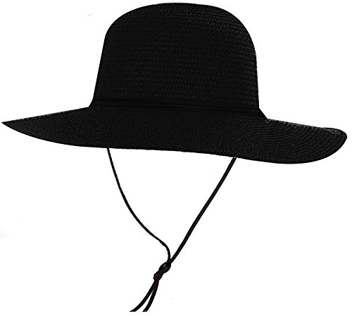 Simplicity Women's UPF 50+ Wide Brim Braided Straw Sun Hat with Lanyard Black
