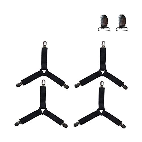 Bed Sheet Grippers Holder Straps Clips, Mattress Pad Cover Keepers, Adjustable Triangle Model, Set of 4 with 2 Extra Metal Clips, Black - Thumbnail 6