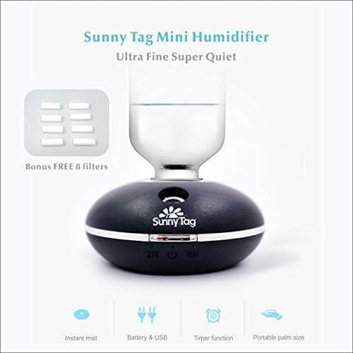 Sunny Tag Mini Humidifier Ultra Fine Mister with Bottled Water | Palm Size for Office Car Home USB &amp; Battery Operated Portable Travel | 8 FREE Filter | Black