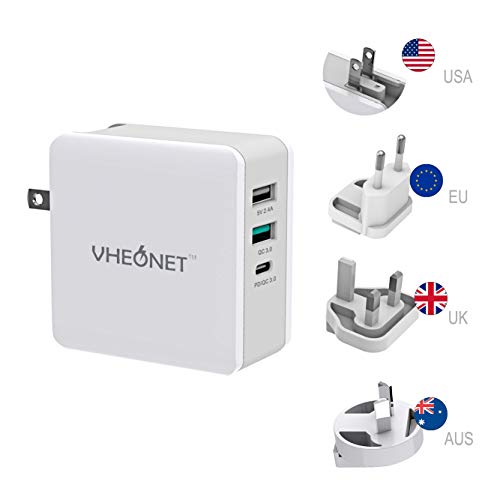 Fast Charging USB C Wall Charger 3-Port 65W PD Wall Adapter with Foldable Plug for MacBook, iPhone Xs/XS Max/XR, Samsung Galaxy S8 / S8+ / Note8 and More (White)