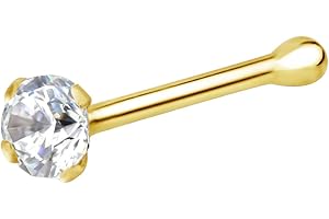Forbidden Body Jewelry 14k Gold Nose Ring, 22g, Solid 7mm Micro Stud, 1.25-2mm CZ Simulated Diamond, Non-Irritating Skin Safe Real Gold, Women and Men