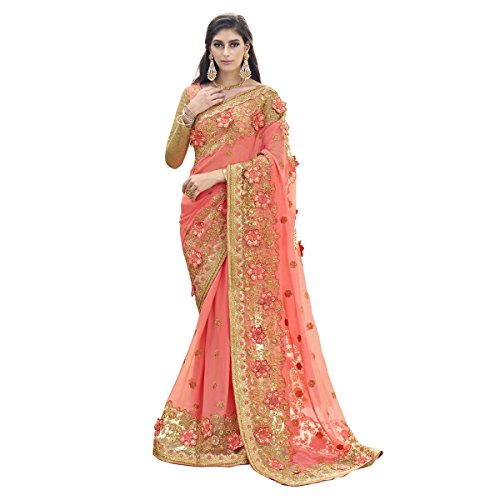 Triveni Indian Women's Appreciable Orange Colored Embroidered Faux Georgette Wedding Saree