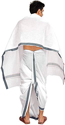 Exotic India White Dhoti and Angavastram Set with Woven Border - Color Dark Slate