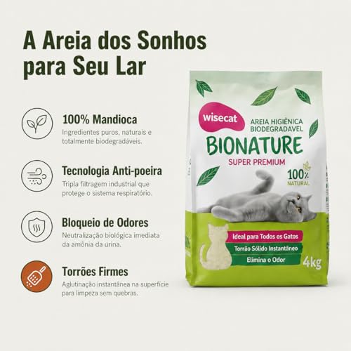 Areia de Mandioca Biodegradável para Gatos Grãos Médios 8kg | Granulado natural de mandioca, compostavel, alta absorcao e controle de odor, rende ate 30 dias por gato