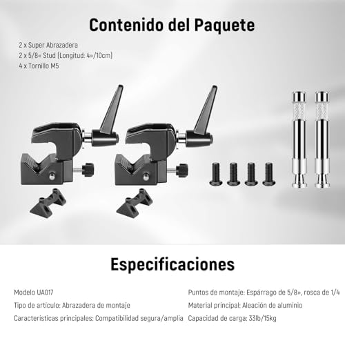 Neewer - Paquete de 2 súper Abrazaderas con Tornillo de 5/8 Pulgadas, Bloqueo de Resorte, Agarre de mandíbula de 2.4 Pulgadas, Abrazadera de Poste de Cangrejo Resistente para Superficie Plana de Tubo