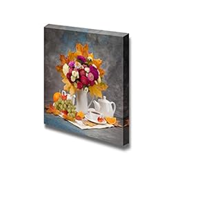 Canvas Prints Wall Art - Autumn Still Life. Tea, Flower and Yellow Leaves | Modern Wall Decor/Home Decoration Stretched Gallery Canvas Wrap Giclee Print & Ready to Hang - 12" x 12"