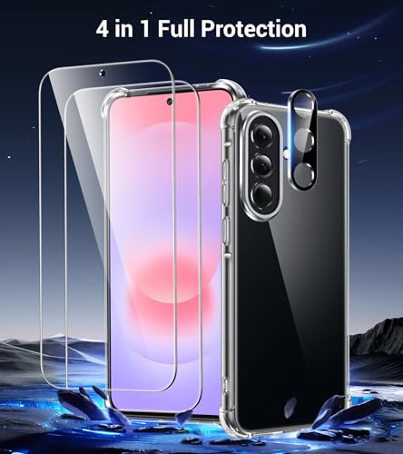 FLLAO 4 in 1 Case for Samsung Galaxy A37 5G with 2 Screen Protector and 1 Camera Lens Protector, [Built-in Air Pad] Anti-Shock Anti-Scratch Case, Transparent