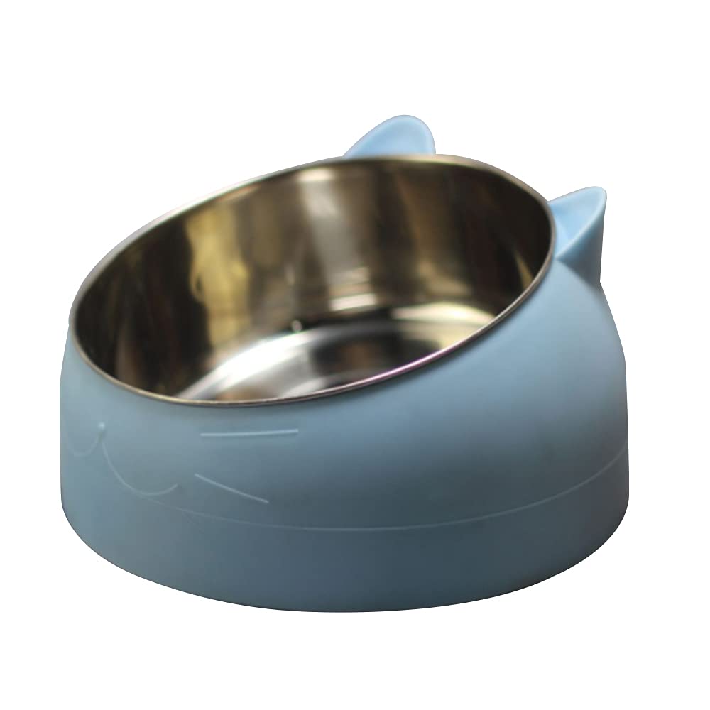 Pumpumly Tilted Cat Bowl,Raised Cat Bowl with Stand 15° Tilted Pet Bowl,Stainless Steel Anti Vomiting Cat Bowl,Cat Dog Feeding Bowl Protect The Spine for Pet 400ml Blue