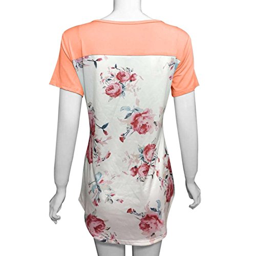 Alixyz Women Short Sleeve Cross Bandage T-Shirt Flower Printed Blouse Tunic Tops (M, Orange)