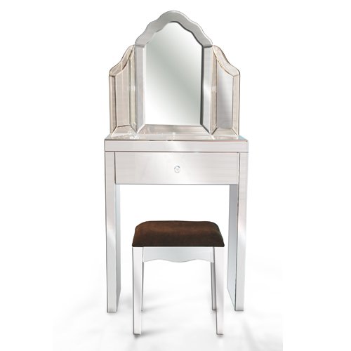 COMPLETE SMALL MIRRORED GLASS DRESSING TABLE SET WITH MIRROR