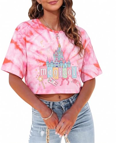 Magic Crop Top for Women Castle Half Sleeve Cropped Shirts Trendy Family Vacation Trip Tee Magical Baggy Soft Top at Amazon