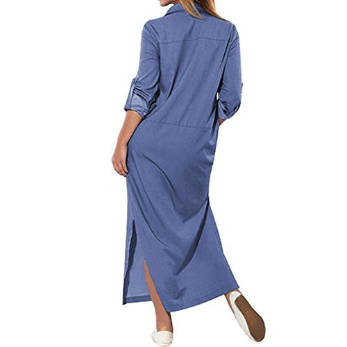 Minisoya Women Plus Size Long Sleeve Denim T-Shirt Dress Kaftan Tunic Pockets Split Casual Loose Party Long Maxi Dress (Blue, M)