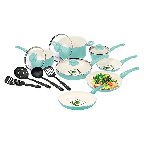 Click Here to See More Images GreenLife Soft Grip 15pc Ceramic Non-Stick Cookware Set, Turquoise