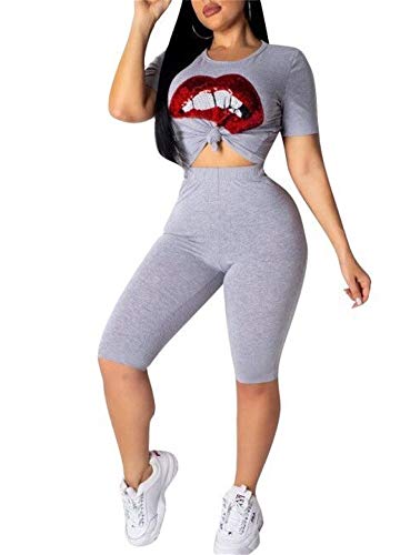 Womens Print Two Piece Sweatsuit Crew Neck Short Sleeve Crop Top and Skinny Short Pants Sets